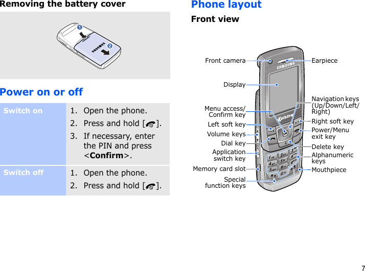 7Removing the battery coverPower on or offPhone layoutFront viewSwitch on1. Open the phone.2. Press and hold [ ].3. If necessary, enter the PIN and press &lt;Confirm&gt;.Switch off1. Open the phone.2. Press and hold [ ].Left soft keySpecialfunction keysPower/Menu exit keyAlphanumeric keysRight soft keyMenu access/Confirm keyNavigation keys (Up/Down/Left/Right)Delete keyDial keyDisplayVolume keysMouthpieceApplicationswitch keyEarpieceFront cameraMemory card slot