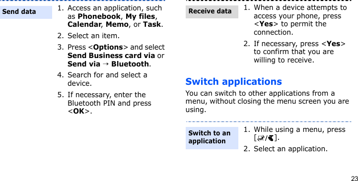 23Switch applicationsYou can switch to other applications from a menu, without closing the menu screen you are using.1. Access an application, such as Phonebook, My files, Calendar, Memo, or Task.2. Select an item.3. Press &lt;Options&gt; and select Send Business card via or Send via → Bluetooth.4. Search for and select a device.5. If necessary, enter the Bluetooth PIN and press &lt;OK&gt;.Send data1. When a device attempts to access your phone, press &lt;Yes&gt; to permit the connection.2. If necessary, press &lt;Yes&gt; to confirm that you are willing to receive.1. While using a menu, press [].2. Select an application.Receive dataSwitch to an application