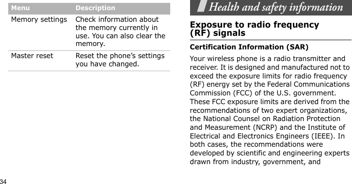 34Health and safety informationExposure to radio frequency(RF) signalsCertification Information (SAR)Your wireless phone is a radio transmitter and receiver. It is designed and manufactured not to exceed the exposure limits for radio frequency (RF) energy set by the Federal Communications Commission (FCC) of the U.S. government. These FCC exposure limits are derived from the recommendations of two expert organizations, the National Counsel on Radiation Protection and Measurement (NCRP) and the Institute of Electrical and Electronics Engineers (IEEE). In both cases, the recommendations were developed by scientific and engineering experts drawn from industry, government, and Memory settings Check information about the memory currently in use. You can also clear the memory.Master reset Reset the phone’s settings you have changed.Menu Description