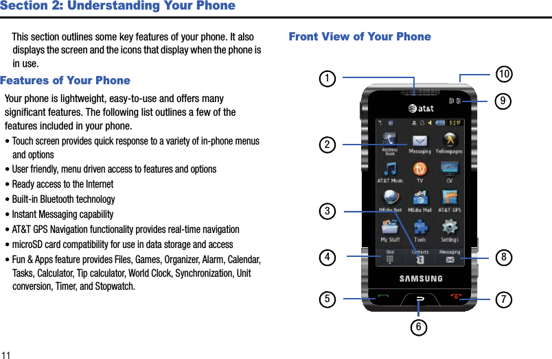 11Section 2: Understanding Your PhoneThis section outlines some key features of your phone. It also displays the screen and the icons that display when the phone is in use.Features of Your PhoneYour phone is lightweight, easy-to-use and offers many significant features. The following list outlines a few of the features included in your phone.•Touch screen provides quick response to a variety of in-phone menus and options•User friendly, menu driven access to features and options•Ready access to the Internet•Built-in Bluetooth technology•Instant Messaging capability•AT&amp;T GPS Navigation functionality provides real-time navigation•microSD card compatibility for use in data storage and access•Fun &amp; Apps feature provides Files, Games, Organizer, Alarm, Calendar, Tasks, Calculator, Tip calculator, World Clock, Synchronization, Unit conversion, Timer, and Stopwatch.Front View of Your Phone76321458910