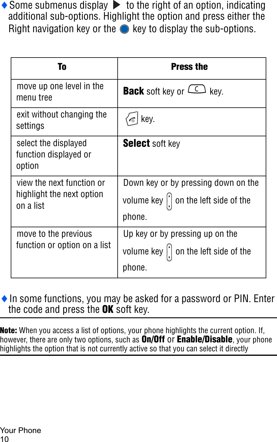 Your Phone10iSome submenus display   to the right of an option, indicating additional sub-options. Highlight the option and press either the Right navigation key or the   key to display the sub-options.iIn some functions, you may be asked for a password or PIN. Enter the code and press the OK soft key.Note: When you access a list of options, your phone highlights the current option. If, however, there are only two options, such as On/Off or Enable/Disable, your phone highlights the option that is not currently active so that you can select it directlyTo Press themove up one level in the menu tree Back soft key or  key.exit without changing the settings  key.select the displayed function displayed or optionSelect soft keyview the next function or highlight the next option on a listDown key or by pressing down on the volume key   on the left side of the phone. move to the previous function or option on a listUp key or by pressing up on the volume key  on the left side of the phone. 