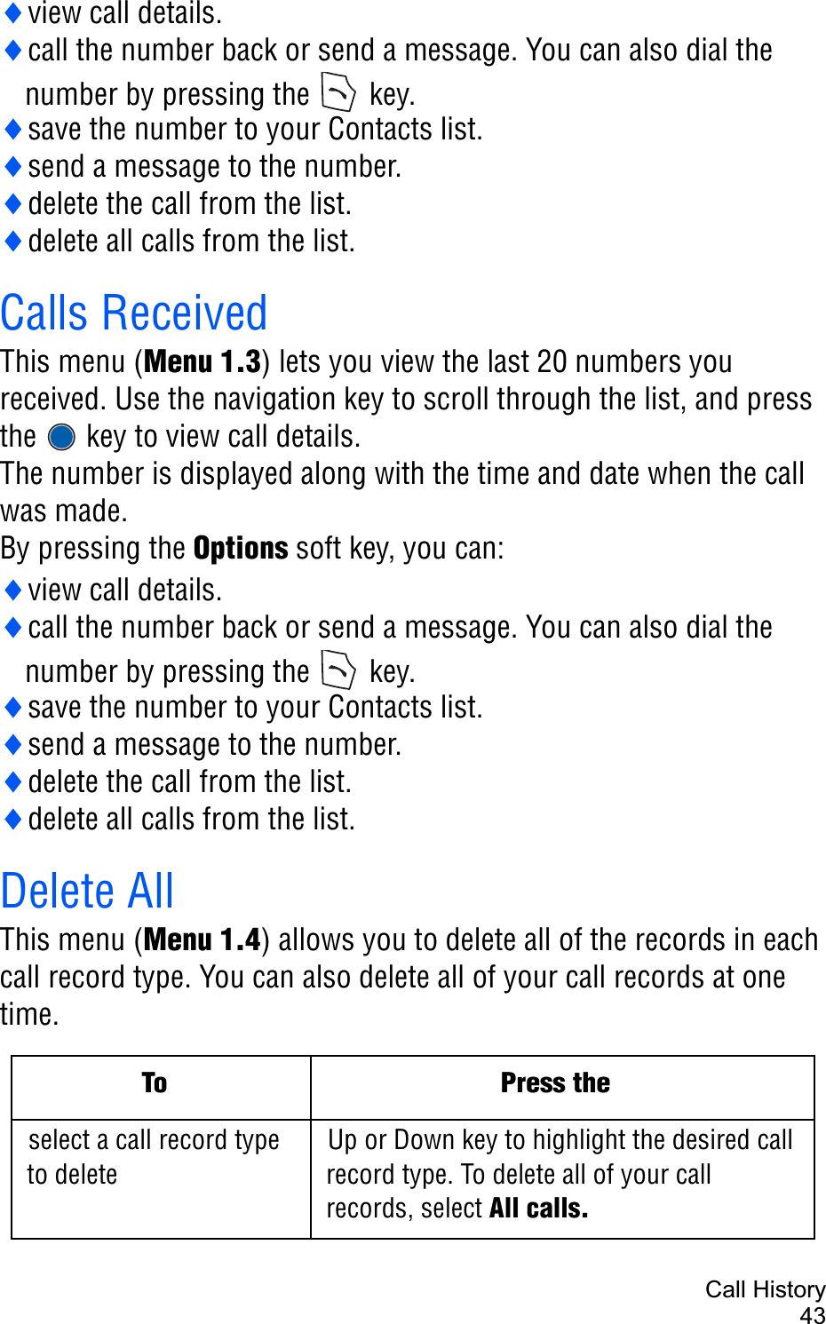 Call History43iview call details.icall the number back or send a message. You can also dial the number by pressing the  key.isave the number to your Contacts list.isend a message to the number.idelete the call from the list.idelete all calls from the list.Calls ReceivedThis menu (Menu 1.3) lets you view the last 20 numbers you received. Use the navigation key to scroll through the list, and press the   key to view call details.The number is displayed along with the time and date when the call was made. By pressing the Options soft key, you can:iview call details.icall the number back or send a message. You can also dial the number by pressing the  key.isave the number to your Contacts list.isend a message to the number.idelete the call from the list.idelete all calls from the list.Delete AllThis menu (Menu 1.4) allows you to delete all of the records in each call record type. You can also delete all of your call records at one time.To Press theselect a call record type to deleteUp or Down key to highlight the desired call record type. To delete all of your call records, select All calls.