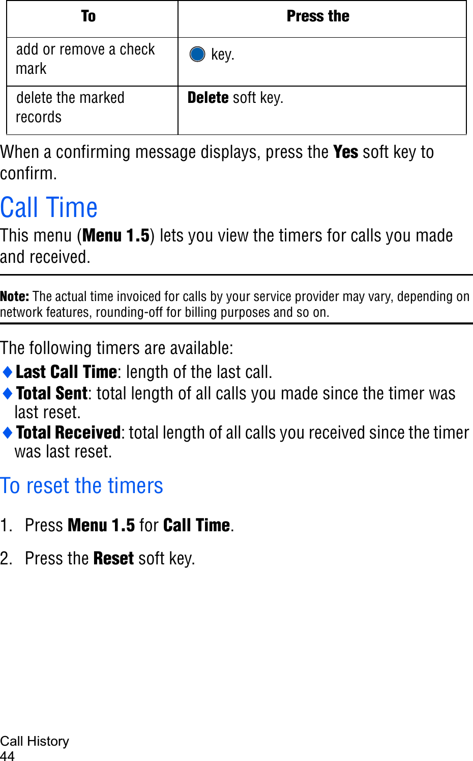 Call History44When a confirming message displays, press the Yes soft key to confirm.Call TimeThis menu (Menu 1.5) lets you view the timers for calls you made and received. Note: The actual time invoiced for calls by your service provider may vary, depending on network features, rounding-off for billing purposes and so on.The following timers are available:iLast Call Time: length of the last call.iTotal Sent: total length of all calls you made since the timer was last reset.iTotal Received: total length of all calls you received since the timer was last reset.To reset the timers1. Press Menu 1.5 for Call Time.2. Press the Reset soft key.add or remove a check mark  key.delete the marked recordsDelete soft key.To Press the