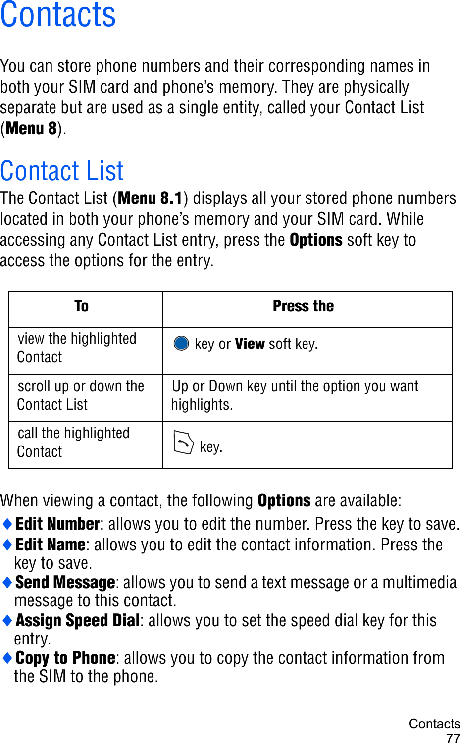 Contacts77ContactsYou can store phone numbers and their corresponding names in both your SIM card and phone’s memory. They are physically separate but are used as a single entity, called your Contact List (Menu 8).Contact ListThe Contact List (Menu 8.1) displays all your stored phone numbers located in both your phone’s memory and your SIM card. While accessing any Contact List entry, press the Options soft key to access the options for the entry.When viewing a contact, the following Options are available:iEdit Number: allows you to edit the number. Press the key to save.iEdit Name: allows you to edit the contact information. Press the key to save.iSend Message: allows you to send a text message or a multimedia message to this contact.iAssign Speed Dial: allows you to set the speed dial key for this entry.iCopy to Phone: allows you to copy the contact information from the SIM to the phone.To Press theview the highlighted Contact  key or View soft key.scroll up or down the Contact ListUp or Down key until the option you want highlights.call the highlighted Contact  key.