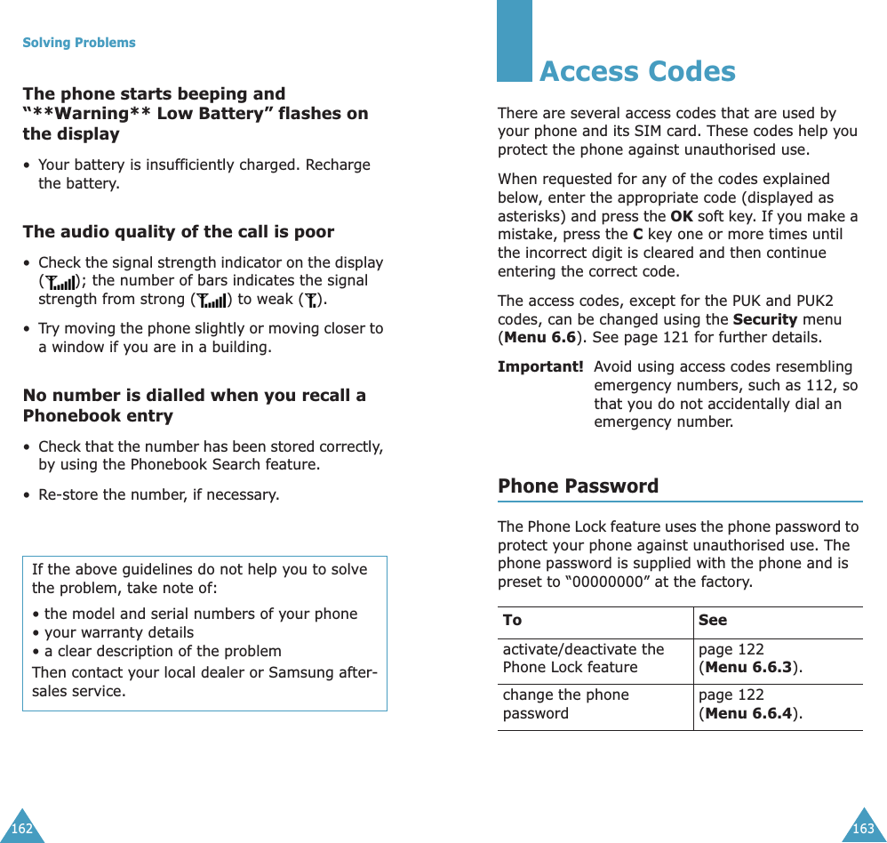 Solving Problems162The phone starts beeping and “**Warning** Low Battery” flashes on the display•Your battery is insufficiently charged. Recharge the battery.The audio quality of the call is poor•Check the signal strength indicator on the display ( ); the number of bars indicates the signal strength from strong ( ) to weak ( ).•Try moving the phone slightly or moving closer to a window if you are in a building.No number is dialled when you recall a Phonebook entry•Check that the number has been stored correctly, by using the Phonebook Search feature.•Re-store the number, if necessary.If the above guidelines do not help you to solve the problem, take note of:• the model and serial numbers of your phone• your warranty details• a clear description of the problemThen contact your local dealer or Samsung after-sales service.163Access CodesThere are several access codes that are used by your phone and its SIM card. These codes help you protect the phone against unauthorised use.When requested for any of the codes explained below, enter the appropriate code (displayed as asterisks) and press the OK soft key. If you make a mistake, press the C key one or more times until the incorrect digit is cleared and then continue entering the correct code.The access codes, except for the PUK and PUK2 codes, can be changed using the Security menu (Menu 6.6). See page 121 for further details.Important!  Avoid using access codes resembling emergency numbers, such as 112, so that you do not accidentally dial an emergency number.Phone PasswordThe Phone Lock feature uses the phone password to protect your phone against unauthorised use. The phone password is supplied with the phone and is preset to “00000000” at the factory.To Seeactivate/deactivate the Phone Lock featurepage 122(Menu 6.6.3).change the phone passwordpage 122(Menu 6.6.4).