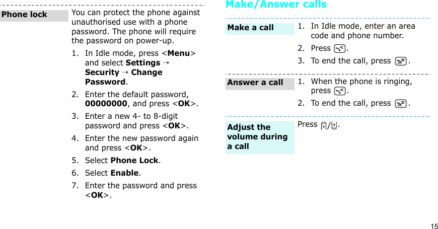 15Make/Answer callsYou can protect the phone against unauthorised use with a phone password. The phone will require the password on power-up.1. In Idle mode, press &lt;Menu&gt; and select Settings → Security → Change Password.2. Enter the default password, 00000000, and press &lt;OK&gt;.3. Enter a new 4- to 8-digit password and press &lt;OK&gt;.4. Enter the new password again and press &lt;OK&gt;.5. Select Phone Lock.6. Select Enable.7. Enter the password and press &lt;OK&gt;.Phone lock1. In Idle mode, enter an area code and phone number.2. Press .3. To end the call, press  .1. When the phone is ringing, press .2. To end the call, press  .Press .Make a callAnswer a callAdjust the volume during a call