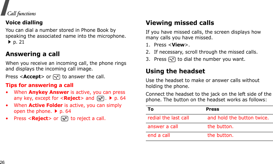 26Call functionsVoice diallingYou can dial a number stored in Phone Book by speaking the associated name into the microphone. p. 21Answering a callWhen you receive an incoming call, the phone rings and displays the incoming call image. Press &lt;Accept&gt; or   to answer the call.Tips for answering a call• When Anykey Answer is active, you can press any key, except for &lt;Reject&gt; and  .p. 64• When Active Folder is active, you can simply open the phone.p. 64•Press &lt;Reject&gt; or   to reject a call.Viewing missed callsIf you have missed calls, the screen displays how many calls you have missed.1. Press &lt;View&gt;.2. If necessary, scroll through the missed calls.3. Press   to dial the number you want.Using the headsetUse the headset to make or answer calls without holding the phone. Connect the headset to the jack on the left side of the phone. The button on the headset works as follows:To Pressredial the last call  and hold the button twice.answer a call  the button.end a call  the button.