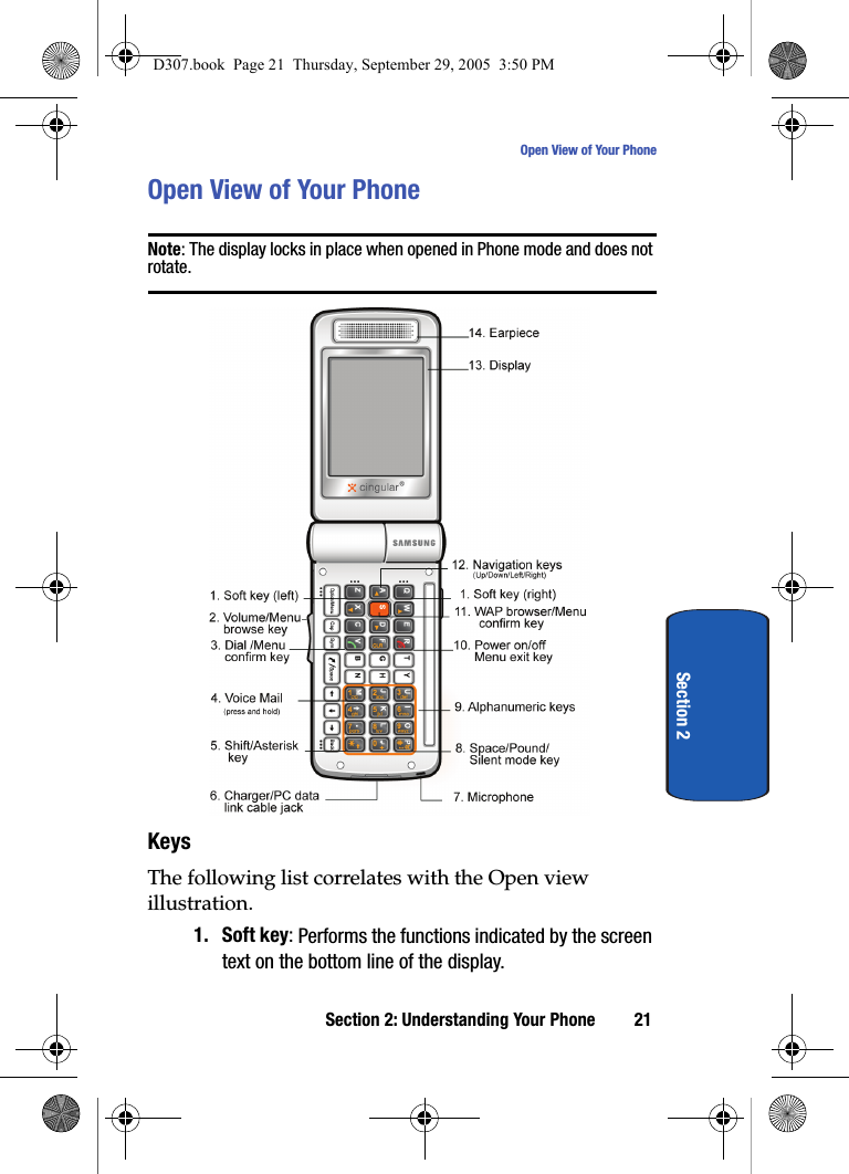 Section 2: Understanding Your Phone 21Open View of Your PhoneSection 2Open View of Your PhoneNote: The display locks in place when opened in Phone mode and does not rotate. KeysThe following list correlates with the Open view illustration.1. Soft key: Performs the functions indicated by the screen text on the bottom line of the display.D307.book Page 21 Thursday, September 29, 2005 3:50 PM
