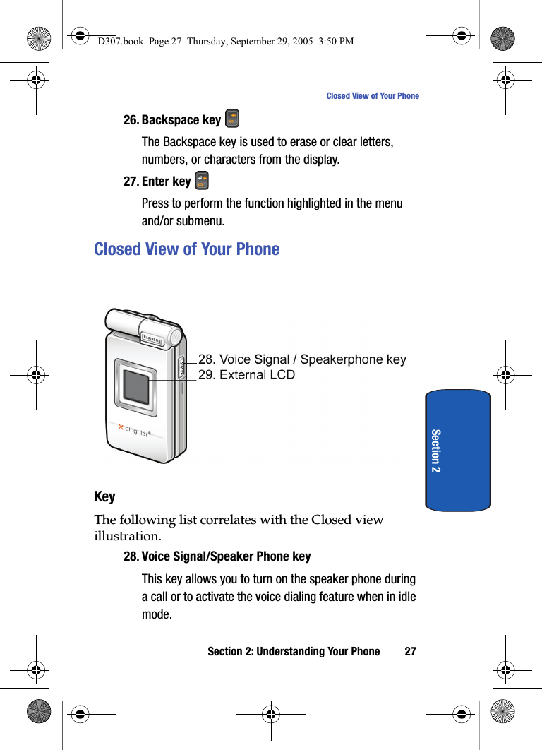 Section 2: Understanding Your Phone 27Closed View of Your PhoneSection 226. Backspace key The Backspace key is used to erase or clear letters, numbers, or characters from the display.27. Enter key Press to perform the function highlighted in the menu and/or submenu.Closed View of Your PhoneKeyThe following list correlates with the Closed view illustration.28. Voice Signal/Speaker Phone keyThis key allows you to turn on the speaker phone during a call or to activate the voice dialing feature when in idle mode. D307.book Page 27 Thursday, September 29, 2005 3:50 PM