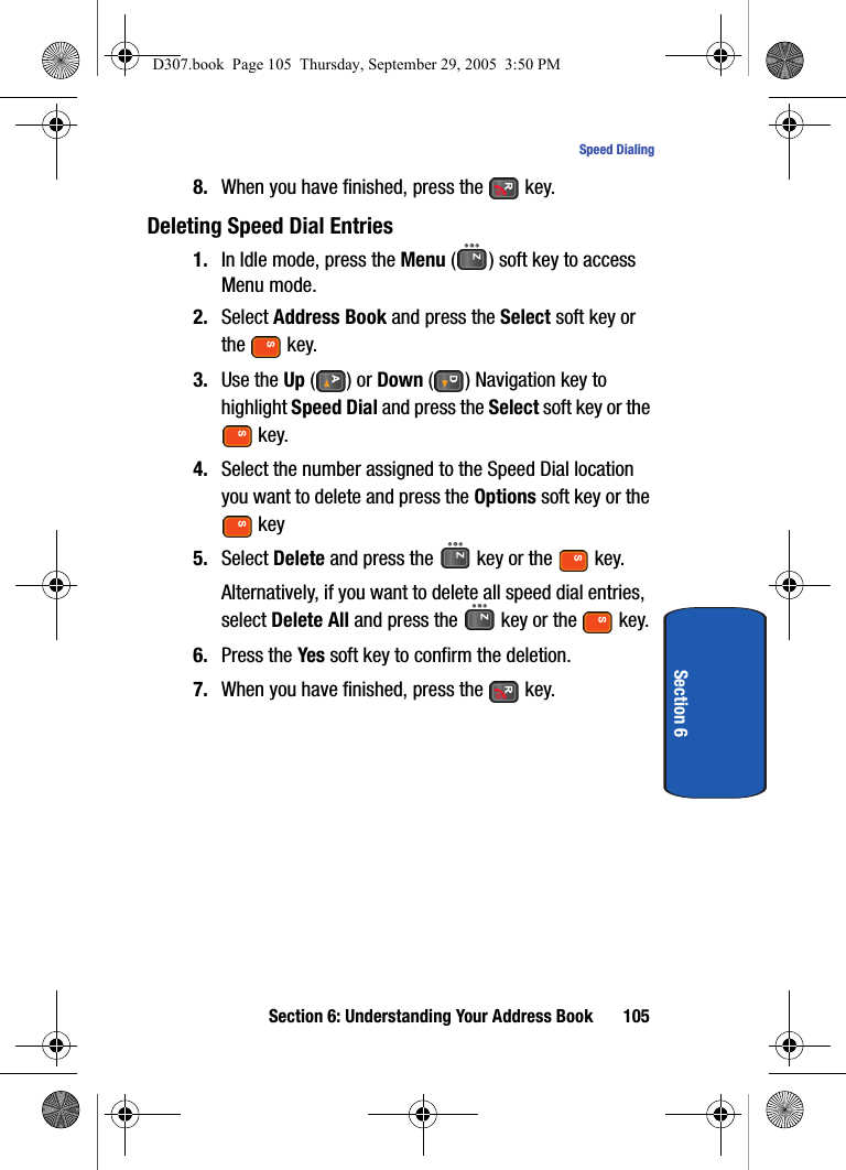 Section 6: Understanding Your Address Book 105Speed DialingSection 68. When you have finished, press the key.Deleting Speed Dial Entries1. In Idle mode, press the Menu ( ) soft key to access Menu mode.2. Select Address Book and press the Select soft key or the key.3. Use the Up () or Down ( ) Navigation key to highlight Speed Dial and press the Select soft key or the key.4. Select the number assigned to the Speed Dial location you want to delete and press the Options soft key or the key5. Select Delete and press the key or the key.Alternatively, if you want to delete all speed dial entries, select Delete All and press the key or the key.6. Press the Yes soft key to confirm the deletion.7. When you have finished, press the key.D307.book Page 105 Thursday, September 29, 2005 3:50 PM