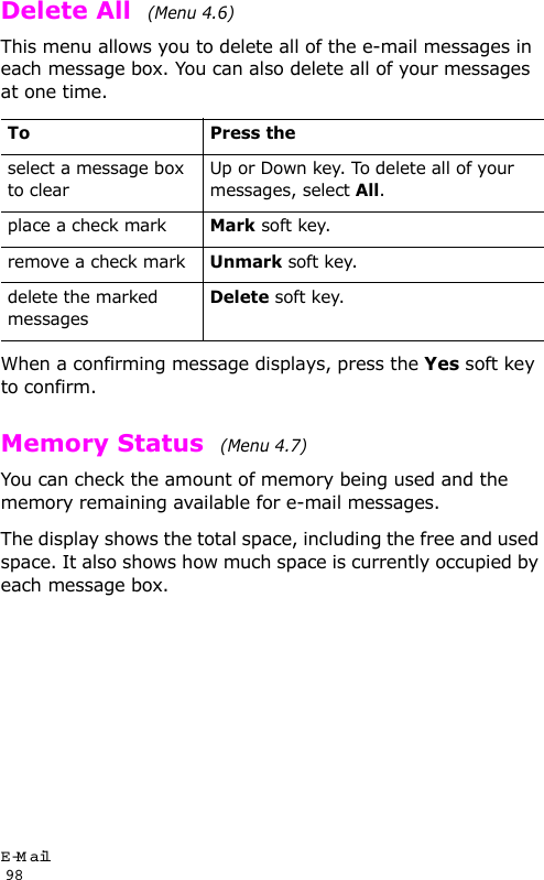 E-Mail                                                                                       98Delete All  (Menu 4.6)This menu allows you to delete all of the e-mail messages in each message box. You can also delete all of your messages at one time.When a confirming message displays, press the Yes soft key to confirm.Memory Status  (Menu 4.7)You can check the amount of memory being used and the memory remaining available for e-mail messages. The display shows the total space, including the free and used space. It also shows how much space is currently occupied by each message box.To Press theselect a message box to clearUp or Down key. To delete all of your messages, select All.place a check markMark soft key.remove a check markUnmark soft key.delete the marked messagesDelete soft key.