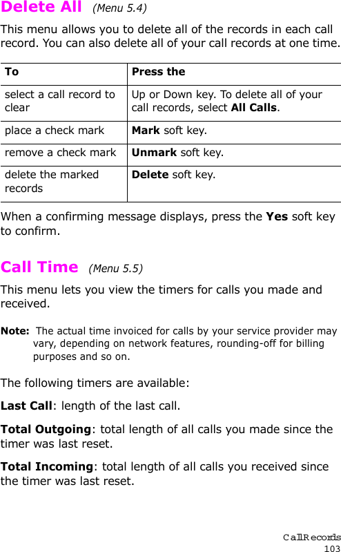 Call Records103Delete All  (Menu 5.4) This menu allows you to delete all of the records in each call record. You can also delete all of your call records at one time.When a confirming message displays, press the Yes soft key to confirm.Call Time  (Menu 5.5) This menu lets you view the timers for calls you made and received. Note:  The actual time invoiced for calls by your service provider may vary, depending on network features, rounding-off for billing purposes and so on.The following timers are available:Last Call: length of the last call.Total Outgoing: total length of all calls you made since the timer was last reset.Total Incoming: total length of all calls you received since the timer was last reset.To Press theselect a call record to clearUp or Down key. To delete all of your call records, select All Calls.place a check markMark soft key.remove a check markUnmark soft key.delete the marked recordsDelete soft key.