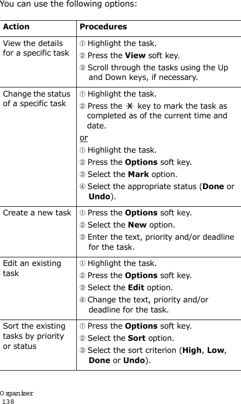 Organizer                                                                                       138You can use the following options:Action ProceduresView the details for a specific task Highlight the task. Press the View soft key. Scroll through the tasks using the Up and Down keys, if necessary.Change the status of a specific task Highlight the task. Press the   key to mark the task as completed as of the current time and date.or Highlight the task.  Press the Options soft key. Select the Mark option. Select the appropriate status (Done or Undo).Create a new task Press the Options soft key. Select the New option. Enter the text, priority and/or deadline for the task. Edit an existing task Highlight the task. Press the Options soft key. Select the Edit option. Change the text, priority and/or deadline for the task. Sort the existing tasks by priority or status Press the Options soft key. Select the Sort option. Select the sort criterion (High, Low, Done or Undo).
