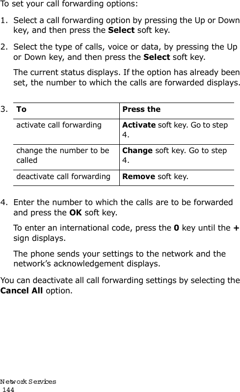 Network Services                                                                                       144To set your call forwarding options:1. Select a call forwarding option by pressing the Up or Down key, and then press the Select soft key.2. Select the type of calls, voice or data, by pressing the Up or Down key, and then press the Select soft key.The current status displays. If the option has already been set, the number to which the calls are forwarded displays.4. Enter the number to which the calls are to be forwarded and press the OK soft key.To enter an international code, press the 0 key until the + sign displays.The phone sends your settings to the network and the network’s acknowledgement displays.You can deactivate all call forwarding settings by selecting the Cancel All option.3.To Press theactivate call forwardingActivate soft key. Go to step 4.change the number to be calledChange soft key. Go to step 4. deactivate call forwardingRemove soft key.