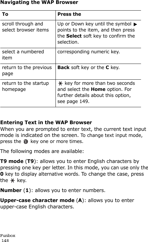 Funbox                                                                                       148Navigating the WAP BrowserEntering Text in the WAP BrowserWhen you are prompted to enter text, the current text input mode is indicated on the screen. To change text input mode, press the   key one or more times.The following modes are available:T9 mode (T9): allows you to enter English characters by pressing one key per letter. In this mode, you can use only the 0 key to display alternative words. To change the case, press the  key.Number (1): allows you to enter numbers. Upper-case character mode (A): allows you to enter upper-case English characters.To Press thescroll through and select browser itemsUp or Down key until the symbol   points to the item, and then press the Select soft key to confirm the selection.select a numbered itemcorresponding numeric key.return to the previous pageBack soft key or the C key.return to the startup homepage key for more than two seconds and select the Home option. For further details about this option, see page 149.