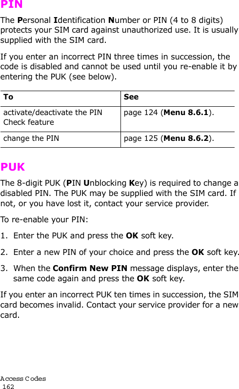 A ccess C odes                                                                                       162PINThe Personal Identification Number or PIN (4 to 8 digits) protects your SIM card against unauthorized use. It is usually supplied with the SIM card.If you enter an incorrect PIN three times in succession, the code is disabled and cannot be used until you re-enable it by entering the PUK (see below).PUKThe 8-digit PUK (PIN Unblocking Key) is required to change a disabled PIN. The PUK may be supplied with the SIM card. If not, or you have lost it, contact your service provider.To re-enable your PIN:1. Enter the PUK and press the OK soft key.2. Enter a new PIN of your choice and press the OK soft key.3. When the Confirm New PIN message displays, enter the same code again and press the OK soft key.If you enter an incorrect PUK ten times in succession, the SIM card becomes invalid. Contact your service provider for a new card.To Seeactivate/deactivate the PIN Check featurepage 124 (Menu 8.6.1).change the PIN page 125 (Menu 8.6.2).