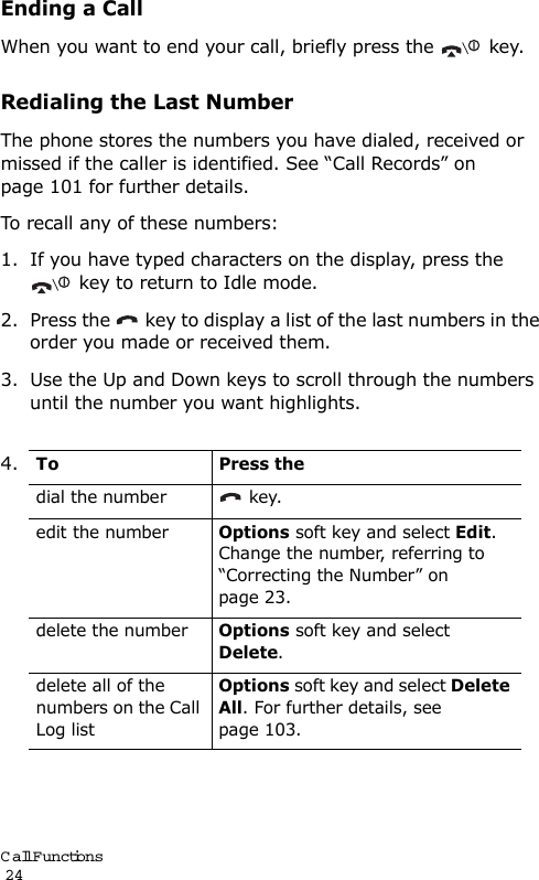 Call Functions                                                                                       24Ending a CallWhen you want to end your call, briefly press the   key.Redialing the Last NumberThe phone stores the numbers you have dialed, received or missed if the caller is identified. See “Call Records” on page 101 for further details. To recall any of these numbers:1. If you have typed characters on the display, press the  key to return to Idle mode.2. Press the   key to display a list of the last numbers in the order you made or received them.3. Use the Up and Down keys to scroll through the numbers until the number you want highlights.4.To Press thedial the number  key.edit the numberOptions soft key and select Edit. Change the number, referring to “Correcting the Number” on page 23. delete the numberOptions soft key and select Delete.delete all of the numbers on the Call Log list Options soft key and select Delete All. For further details, see page 103.