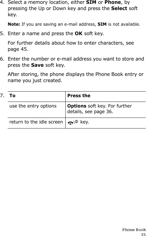P hone Book354. Select a memory location, either SIM or Phone, by pressing the Up or Down key and press the Select soft key.Note: If you are saving an e-mail address, SIM is not available.5. Enter a name and press the OK soft key. For further details about how to enter characters, see page 45.6. Enter the number or e-mail address you want to store and press the Save soft key.After storing, the phone displays the Phone Book entry or name you just created.7.To Press theuse the entry optionsOptions soft key. For further details, see page 36.return to the idle screen  key.