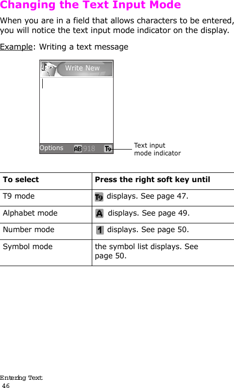 Entering Text                                                                                       46Changing the Text Input ModeWhen you are in a field that allows characters to be entered, you will notice the text input mode indicator on the display.Example: Writing a text messageTo select Press the right soft key untilT9 mode  displays. See page 47.Alphabet mode  displays. See page 49.Number mode  displays. See page 50.Symbol mode the symbol list displays. See page 50.Options Te x t i npu t mode indicatorWrite New