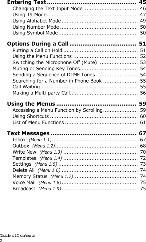 Table of Contents 2Entering Text ................................................  45Changing the Text Input Mode ................................. 46Using T9 Mode....................................................... 47Using Alphabet Mode .............................................. 49Using Number Mode ............................................... 50Using Symbol Mode ................................................  50Options During a Call ....................................  51Putting a Call on Hold .............................................  51Using the Menu Functions ....................................... 52Switching the Microphone Off (Mute) ........................ 53Muting or Sending Key Tones................................... 54Sending a Sequence of DTMF Tones ......................... 54Searching for a Number in Phone Book ..................... 55Call Waiting........................................................... 55Making a Multi-party Call......................................... 56Using the Menus ...........................................  59Accessing a Menu Function by Scrolling..................... 59Using Shortcuts ..................................................... 60List of Menu Functions ............................................  61Text Messages ..............................................  67Inbox  (Menu 1.1).................................................... 67Outbox  (Menu 1.2).................................................. 68Write New  (Menu 1.3)............................................. 70Templates  (Menu 1.4)............................................. 72Settings  (Menu 1.5)................................................ 73Delete All  (Menu 1.6).............................................. 74Memory Status  (Menu 1.7)....................................... 74Voice Mail  (Menu 1.8).............................................. 75Broadcast  (Menu 1.9).............................................. 75