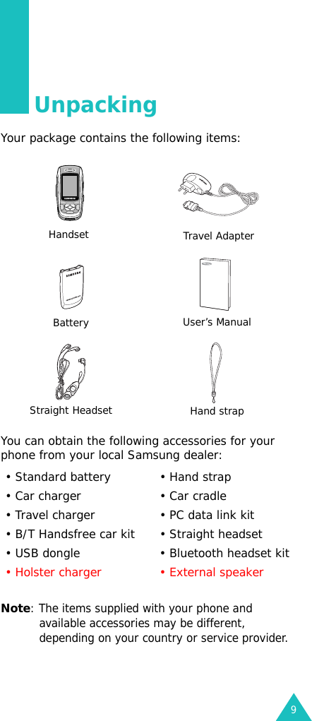 9UnpackingYour package contains the following items:You can obtain the following accessories for your phone from your local Samsung dealer: Note: The items supplied with your phone and available accessories may be different, depending on your country or service provider.Handset Travel AdapterBattery User’s ManualStraight Headset Hand strap• Standard battery • Hand strap• Car charger • Car cradle• Travel charger • PC data link kit• B/T Handsfree car kit • Straight headset• USB dongle • Bluetooth headset kit• Holster charger • External speaker