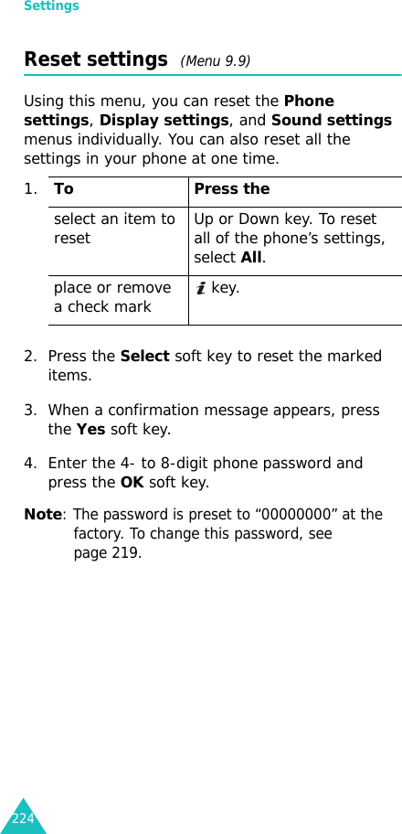 Settings224Reset settings  (Menu 9.9) Using this menu, you can reset the Phone settings, Display settings, and Sound settings menus individually. You can also reset all the settings in your phone at one time.2. Press the Select soft key to reset the marked items.3. When a confirmation message appears, press the Yes soft key.4. Enter the 4- to 8-digit phone password and press the OK soft key.Note: The password is preset to “00000000” at the factory. To change this password, see page 219.1.To Press theselect an item to reset Up or Down key. To reset all of the phone’s settings, select All.place or remove a check mark  key. 