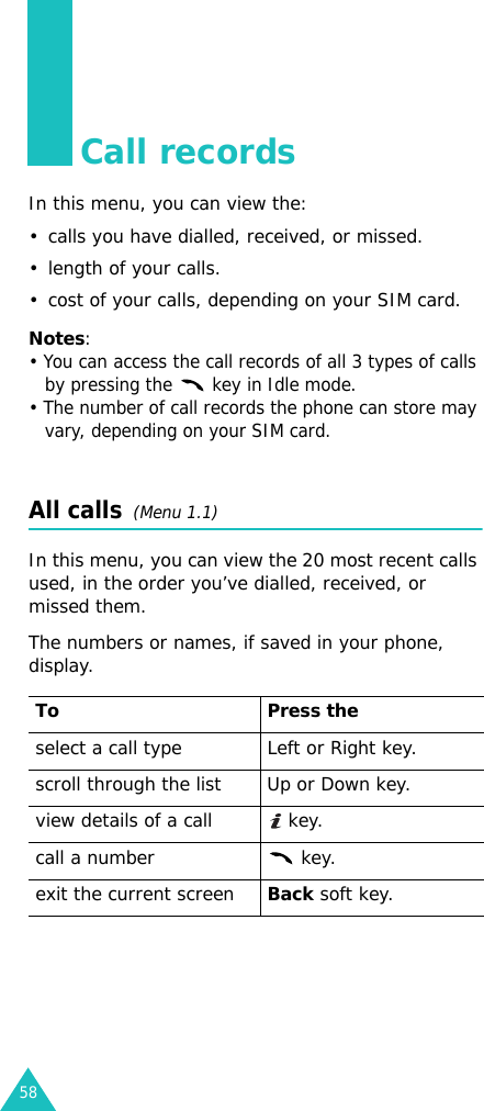 58Call recordsIn this menu, you can view the:• calls you have dialled, received, or missed.• length of your calls.• cost of your calls, depending on your SIM card.Notes:• You can access the call records of all 3 types of calls by pressing the  key in Idle mode.• The number of call records the phone can store may vary, depending on your SIM card.All calls  (Menu 1.1)In this menu, you can view the 20 most recent calls used, in the order you’ve dialled, received, or missed them.The numbers or names, if saved in your phone, display. To Press theselect a call type Left or Right key.scroll through the list Up or Down key.view details of a call  key.call a number  key.exit the current screenBack soft key.