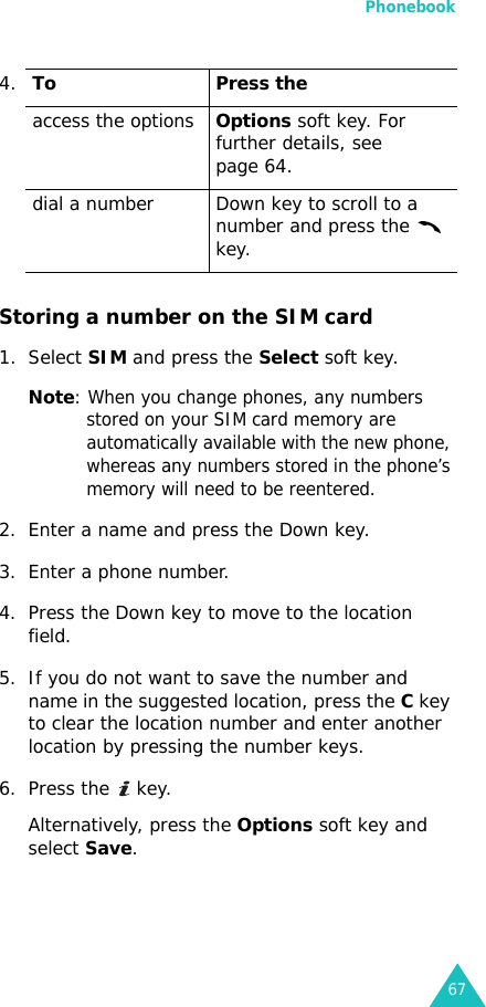 Phonebook67Storing a number on the SIM card1. Select SIM and press the Select soft key.Note: When you change phones, any numbers stored on your SIM card memory are automatically available with the new phone, whereas any numbers stored in the phone’s memory will need to be reentered.2. Enter a name and press the Down key.3. Enter a phone number.4. Press the Down key to move to the location field.5. If you do not want to save the number and name in the suggested location, press the C key to clear the location number and enter another location by pressing the number keys.6. Press the   key.Alternatively, press the Options soft key and select Save.4.To Press theaccess the optionsOptions soft key. For further details, see page 64.dial a number Down key to scroll to a number and press the   key.