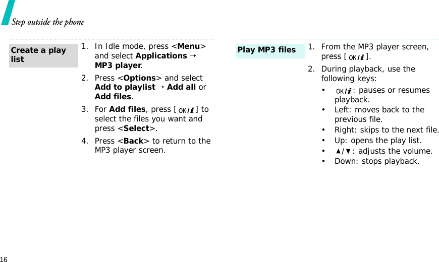 16Step outside the phone1. In Idle mode, press &lt;Menu&gt; and select Applications → MP3 player.2. Press &lt;Options&gt; and select Add to playlist → Add all or Add files.3. For Add files, press [ ] to select the files you want and press &lt;Select&gt;.4. Press &lt;Back&gt; to return to the MP3 player screen.Create a play list1. From the MP3 player screen, press [ ].2. During playback, use the following keys:• : pauses or resumes playback.• Left: moves back to the previous file.• Right: skips to the next file.• Up: opens the play list.•/: adjusts the volume.• Down: stops playback.Play MP3 files