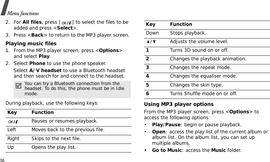36Menu functions2. For All files, press [ ] to select the files to be added and press &lt;Select&gt;.3. Press &lt;Back&gt; to return to the MP3 player screen.Playing music files1. From the MP3 player screen, press &lt;Options&gt; and select Play.2. Select Phone to use the phone speaker.Select A/V headset to use a Bluetooth headset and then search for and connect to the headset.During playback, use the following keys:Using MP3 player optionsFrom the MP3 player screen, press &lt;Options&gt; to access the following options:•Play/Pause: begin or pause playback.•Open: access the play list of the current album or album list. On the album list, you can set up multiple albums.•Go to Music: access the Music folder.You can try a Bluetooth connection from the headset. To do this, the phone must be in Idle mode.Key FunctionPauses or resumes playback.Left Moves back to the previous file.Right Skips to the next file.Up Opens the play list.Down Stops playback./ Adjusts the volume level.1Turns 3D sound on or off.2Changes the playback animation.3Changes the repeat mode.4Changes the equaliser mode.5Changes the skin type.6Turns Shuffle mode on or off.Key Function