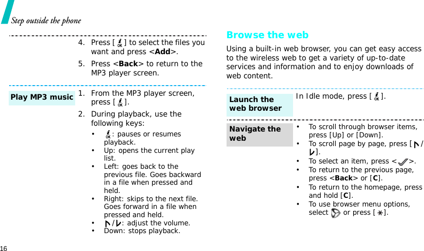 16Step outside the phoneBrowse the webUsing a built-in web browser, you can get easy access to the wireless web to get a variety of up-to-date services and information and to enjoy downloads of web content.4. Press [ ] to select the files you want and press &lt;Add&gt;.5. Press &lt;Back&gt; to return to the MP3 player screen. 1. From the MP3 player screen, press [].2. During playback, use the following keys:•: pauses or resumes playback.• Up: opens the current play list.• Left: goes back to the previous file. Goes backward in a file when pressed and held.• Right: skips to the next file. Goes forward in a file when pressed and held.•/: adjust the volume.• Down: stops playback.Play MP3 musicIn Idle mode, press [].• To scroll through browser items, press [Up] or [Down]. • To scroll page by page, press [/].• To select an item, press &lt; &gt;.• To return to the previous page, press &lt;Back&gt; or [C].• To return to the homepage, press and hold [C].• To use browser menu options, select   or press [ ].Launch the web browserNavigate the web
