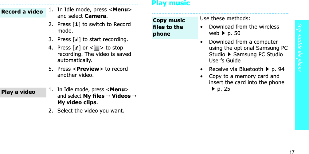 17Step outside the phonePlay music1. In Idle mode, press &lt;Menu&gt;and select Camera.2. Press [1] to switch to Record mode.3. Press [ ] to start recording.4. Press [ ] or &lt; &gt; to stop recording. The video is saved automatically.5. Press &lt;Preview&gt; to record another video.1.In Idle mode, press &lt;Menu&gt;and select My files→Videos→Myvideo clips.2. Select the video you want.Record a videoPlay a videoUse these methods:• Download from the wireless webp. 50• Download from a computer using the optional Samsung PC StudioSamsung PC Studio User’s Guide• Receive via Bluetoothp. 94• Copy to a memory card and insert the card into the phonep. 25Copy music files to the phone