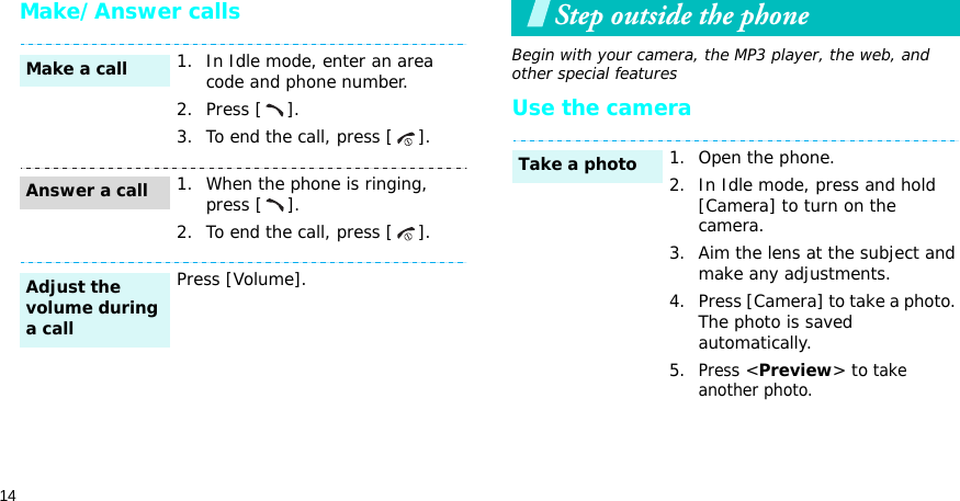 14Make/Answer callsStep outside the phoneBegin with your camera, the MP3 player, the web, and other special featuresUse the camera1. In Idle mode, enter an area code and phone number.2. Press [ ].3. To end the call, press [ ].1. When the phone is ringing, press [ ].2. To end the call, press [ ].Press [Volume].Make a callAnswer a callAdjust the volume during a call1. Open the phone.2. In Idle mode, press and hold [Camera] to turn on the camera.3. Aim the lens at the subject and make any adjustments.4. Press [Camera] to take a photo. The photo is saved automatically.5.Press &lt;Preview&gt; to take another photo.Take a photo