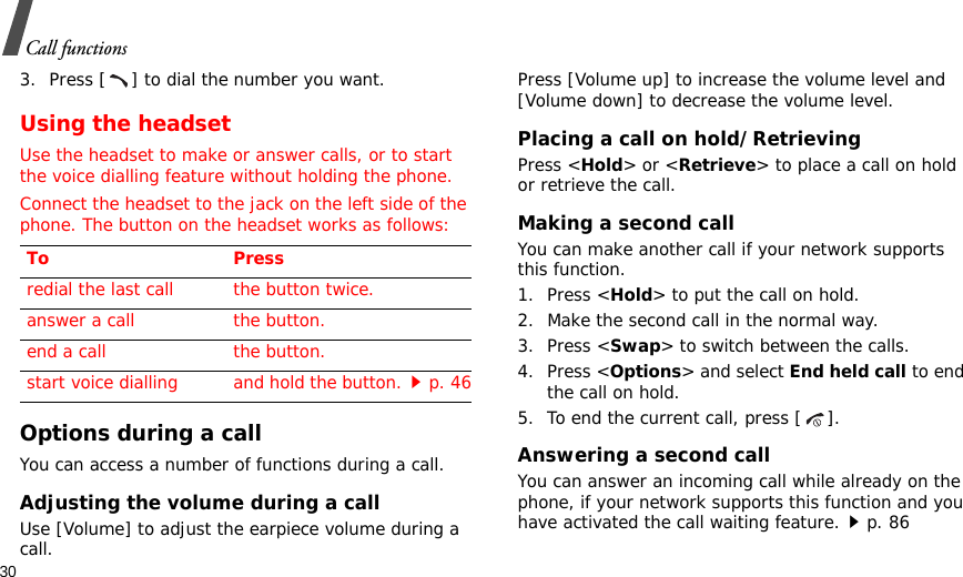 30Call functions3. Press [ ] to dial the number you want.Using the headsetUse the headset to make or answer calls, or to start the voice dialling feature without holding the phone. Connect the headset to the jack on the left side of the phone. The button on the headset works as follows:Options during a callYou can access a number of functions during a call.Adjusting the volume during a callUse [Volume] to adjust the earpiece volume during a call.Press [Volume up] to increase the volume level and [Volume down] to decrease the volume level.Placing a call on hold/RetrievingPress &lt;Hold&gt; or &lt;Retrieve&gt; to place a call on hold or retrieve the call.Making a second callYou can make another call if your network supports this function.1. Press &lt;Hold&gt; to put the call on hold.2. Make the second call in the normal way.3. Press &lt;Swap&gt; to switch between the calls.4. Press &lt;Options&gt; and select End held call to end the call on hold.5. To end the current call, press [ ].Answering a second callYou can answer an incoming call while already on the phone, if your network supports this function and you have activated the call waiting feature.p. 86 To Pressredial the last call the button twice.answer a call the button.end a call the button.start voice dialling and hold the button.p. 46