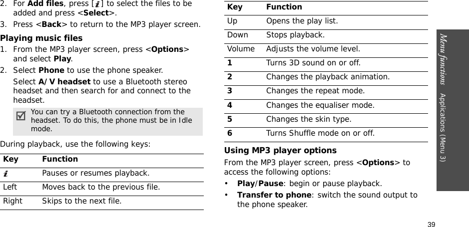 39Menu functions    Applications (Menu 3)2. For Add files, press [ ] to select the files to be added and press &lt;Select&gt;.3. Press &lt;Back&gt; to return to the MP3 player screen.Playing music files1. From the MP3 player screen, press &lt;Options&gt; and select Play.2. Select Phone to use the phone speaker.Select A/V headset to use a Bluetooth stereo headset and then search for and connect to the headset.During playback, use the following keys:Using MP3 player optionsFrom the MP3 player screen, press &lt;Options&gt; to access the following options:•Play/Pause: begin or pause playback.•Transfer to phone: switch the sound output to the phone speaker.You can try a Bluetooth connection from the headset. To do this, the phone must be in Idle mode.Key FunctionPauses or resumes playback.Left Moves back to the previous file.Right Skips to the next file.Up Opens the play list.Down Stops playback.Volume Adjusts the volume level.1Turns 3D sound on or off.2Changes the playback animation.3Changes the repeat mode.4Changes the equaliser mode.5Changes the skin type.6Turns Shuffle mode on or off.Key Function