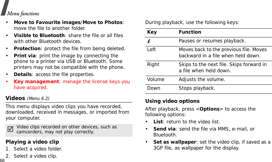 68Menu functions•Move to Favourite images/Move to Photos: move the file to another folder.•Visible to Bluetooth: share the file or all files with other Bluetooth devices.•Protection: protect the file from being deleted.•Print via: print the image by connecting the phone to a printer via USB or Bluetooth. Some printers may not be compatible with the phone.•Details: access the file properties.•Key management: manage the license keys you have acquired.Videos (Menu 6.2)This menu displays video clips you have recorded, downloaded, received in messages, or imported from your computer.Playing a video clip1. Select a video folder.2. Select a video clip.During playback, use the following keys:Using video optionsAfter playback, press &lt;Options&gt; to access the following options:•List: return to the video list.•Send via: send the file via MMS, e-mail, or Bluetooth.•Set as wallpaper: set the video clip, if saved as a 3GP file, as wallpaper for the display.Video clips recorded on other devices, such as camcorders, may not play correctly.Key FunctionPauses or resumes playback.Left Moves back to the previous file. Moves backward in a file when held down.Right Skips to the next file. Skips forward in a file when held down.Volume Adjusts the volume.Down Stops playback.