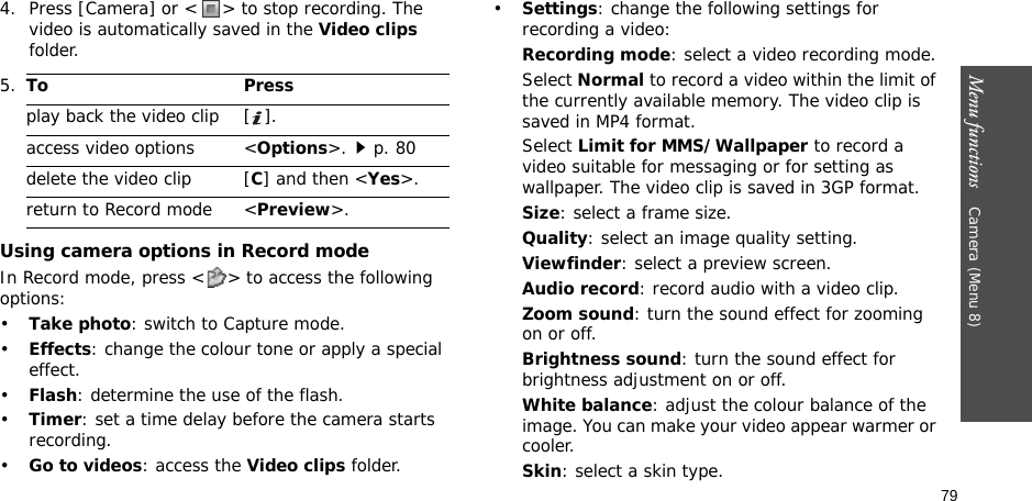 79Menu functions    Camera (Menu 8)4. Press [Camera] or &lt; &gt; to stop recording. The video is automatically saved in the Video clips folder.Using camera options in Record modeIn Record mode, press &lt; &gt; to access the following options:•Take photo: switch to Capture mode.•Effects: change the colour tone or apply a special effect.•Flash: determine the use of the flash.•Timer: set a time delay before the camera starts recording.•Go to videos: access the Video clips folder.•Settings: change the following settings for recording a video:Recording mode: select a video recording mode.Select Normal to record a video within the limit of the currently available memory. The video clip is saved in MP4 format.Select Limit for MMS/Wallpaper to record a video suitable for messaging or for setting as wallpaper. The video clip is saved in 3GP format.Size: select a frame size. Quality: select an image quality setting. Viewfinder: select a preview screen.Audio record: record audio with a video clip.Zoom sound: turn the sound effect for zooming on or off.Brightness sound: turn the sound effect for brightness adjustment on or off.White balance: adjust the colour balance of the image. You can make your video appear warmer or cooler.Skin: select a skin type.5.To Pressplay back the video clip [ ].access video options &lt;Options&gt;.p. 80delete the video clip [C] and then &lt;Yes&gt;.return to Record mode &lt;Preview&gt;.