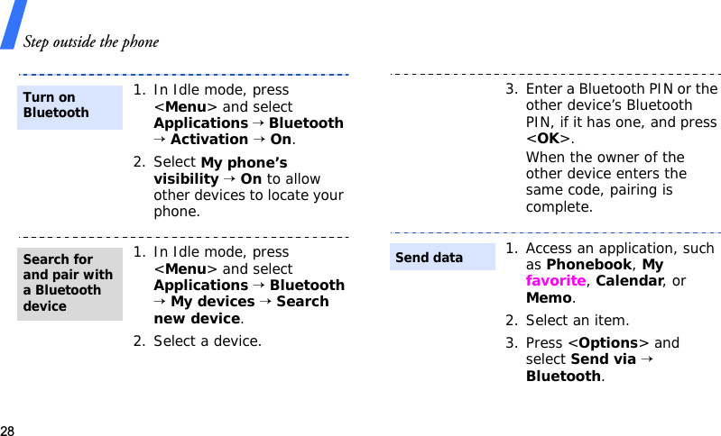 Step outside the phone281. In Idle mode, press &lt;Menu&gt; and select Applications → Bluetooth → Activation → On.2. Select My phone’s visibility → On to allow other devices to locate your phone.1. In Idle mode, press &lt;Menu&gt; and select Applications → Bluetooth → My devices → Search new device.2. Select a device.Turn on BluetoothSearch for and pair with a Bluetooth device3. Enter a Bluetooth PIN or the other device’s Bluetooth PIN, if it has one, and press &lt;OK&gt;.When the owner of the other device enters the same code, pairing is complete.1. Access an application, such as Phonebook, My favorite, Calendar, or Memo.2. Select an item.3. Press &lt;Options&gt; and select Send via → Bluetooth.Send data