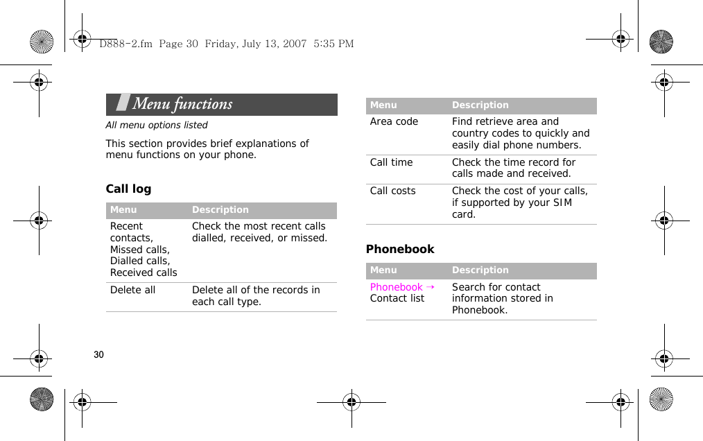 30Menu functionsAll menu options listedThis section provides brief explanations of menu functions on your phone.Call logPhonebookMenu DescriptionRecent contacts, Missed calls, Dialled calls, Received callsCheck the most recent calls dialled, received, or missed.Delete all Delete all of the records in each call type.Area code Find retrieve area and country codes to quickly and easily dial phone numbers.Call time Check the time record for calls made and received.Call costs Check the cost of your calls, if supported by your SIM card.Menu DescriptionPhonebook → Contact list Search for contact information stored in Phonebook.Menu DescriptionD888-2.fm  Page 30  Friday, July 13, 2007  5:35 PM