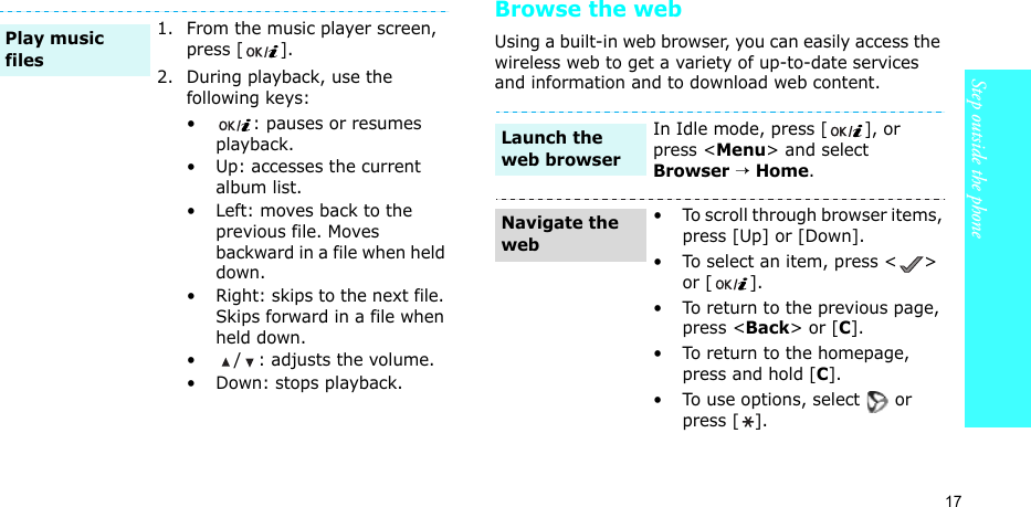 17Step outside the phoneBrowse the webUsing a built-in web browser, you can easily access the wireless web to get a variety of up-to-date services and information and to download web content.1. From the music player screen, press [].2. During playback, use the following keys:•: pauses or resumes playback.• Up: accesses the current album list.• Left: moves back to the previous file. Moves backward in a file when held down.• Right: skips to the next file. Skips forward in a file when held down.•/: adjusts the volume.• Down: stops playback.Play music filesIn Idle mode, press [], or press &lt;Menu&gt; and select Browser → Home.• To scroll through browser items, press [Up] or [Down]. • To select an item, press &lt; &gt; or [ ].• To return to the previous page, press &lt;Back&gt; or [C].• To return to the homepage, press and hold [C].• To use options, select   or press [].Launch the web browserNavigate the web