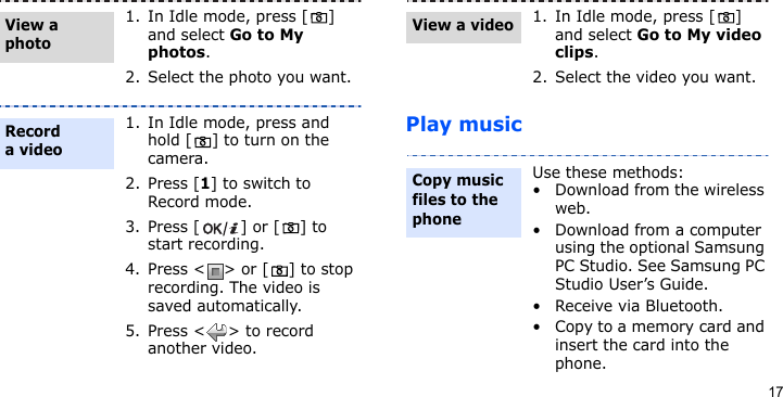 17Play music1. In Idle mode, press [ ] and select Go to My photos.2. Select the photo you want.1. In Idle mode, press and hold [ ] to turn on the camera.2. Press [1] to switch to Record mode.3. Press [ ] or [ ] to start recording.4. Press &lt; &gt; or [ ] to stop recording. The video is saved automatically.5. Press &lt; &gt; to record another video.View a photoRecord a video1. In Idle mode, press [ ] and select Go to My video clips.2. Select the video you want.Use these methods:• Download from the wireless web.• Download from a computer using the optional Samsung PC Studio. See Samsung PC Studio User’s Guide.• Receive via Bluetooth.• Copy to a memory card and insert the card into the phone.View a videoCopy music files to the phone