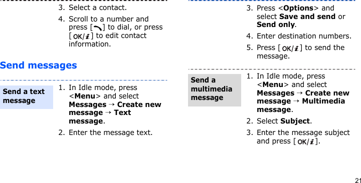 21Send messages3. Select a contact.4. Scroll to a number and press [ ] to dial, or press [ ] to edit contact information.1. In Idle mode, press &lt;Menu&gt; and select Messages → Create new message → Text message.2. Enter the message text.Send a text message3. Press &lt;Options&gt; and select Save and send or Send only.4. Enter destination numbers.5. Press [ ] to send the message.1. In Idle mode, press &lt;Menu&gt; and select Messages → Create new message → Multimedia message.2. Select Subject.3. Enter the message subject and press [ ].Send a multimedia message