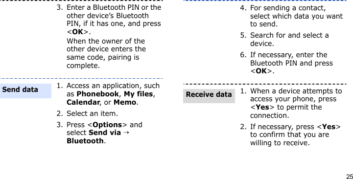 253. Enter a Bluetooth PIN or the other device’s Bluetooth PIN, if it has one, and press &lt;OK&gt;.When the owner of the other device enters the same code, pairing is complete.1. Access an application, such as Phonebook, My files, Calendar, or Memo.2. Select an item.3. Press &lt;Options&gt; and select Send via → Bluetooth.Send data4. For sending a contact, select which data you want to send.5. Search for and select a device.6. If necessary, enter the Bluetooth PIN and press &lt;OK&gt;.1. When a device attempts to access your phone, press &lt;Yes&gt; to permit the connection.2. If necessary, press &lt;Yes&gt; to confirm that you are willing to receive.Receive data