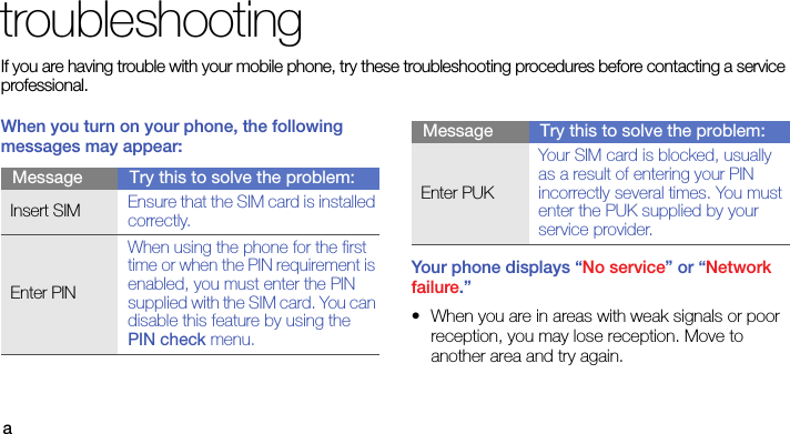 atroubleshootingIf you are having trouble with your mobile phone, try these troubleshooting procedures before contacting a service professional.When you turn on your phone, the following messages may appear:Your phone displays “No service” or “Network failure.”• When you are in areas with weak signals or poor reception, you may lose reception. Move to another area and try again.Message Try this to solve the problem:Insert SIM Ensure that the SIM card is installed correctly.Enter PINWhen using the phone for the first time or when the PIN requirement is enabled, you must enter the PIN supplied with the SIM card. You can disable this feature by using the PIN check menu.Enter PUKYour SIM card is blocked, usually as a result of entering your PIN incorrectly several times. You must enter the PUK supplied by your service provider. Message Try this to solve the problem: