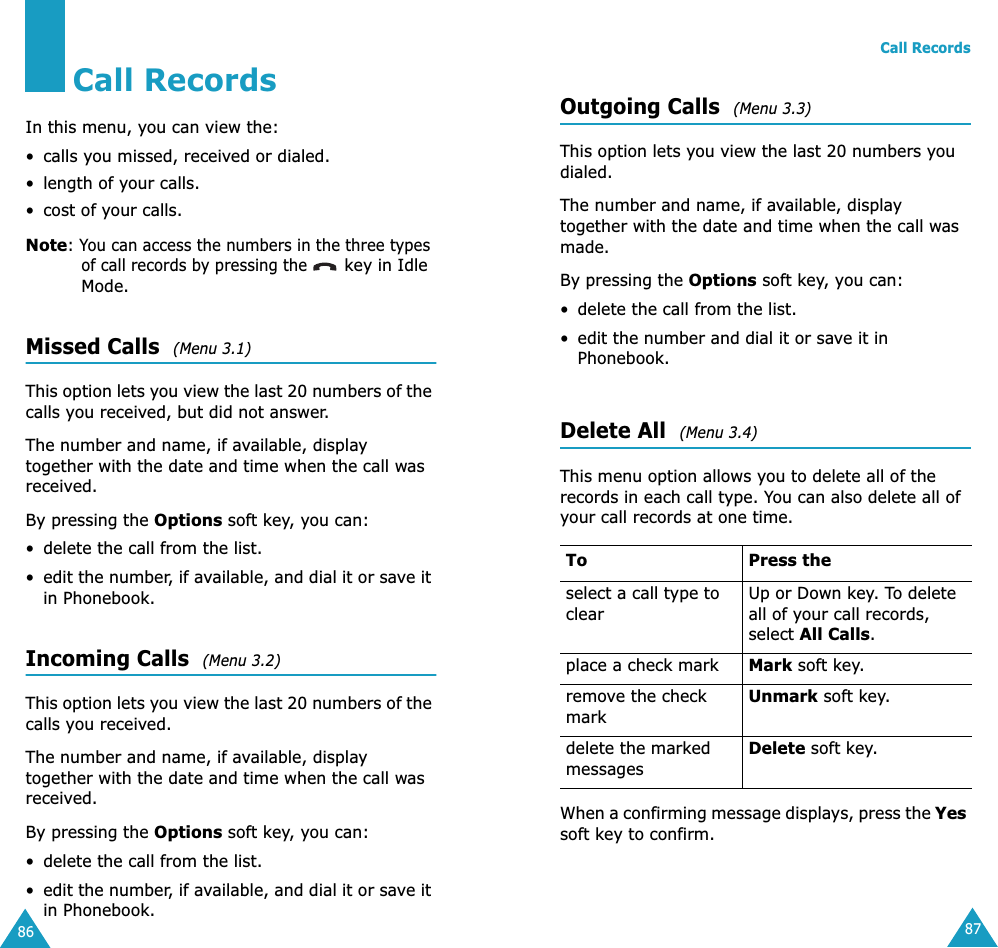 86Call RecordsIn this menu, you can view the:• calls you missed, received or dialed.• length of your calls.• cost of your calls.Note: You can access the numbers in the three types of call records by pressing the  key in Idle Mode.Missed Calls  (Menu 3.1) This option lets you view the last 20 numbers of the calls you received, but did not answer. The number and name, if available, display together with the date and time when the call was received. By pressing the Options soft key, you can:• delete the call from the list.•edit the number, if available, and dial it or save it in Phonebook.Incoming Calls  (Menu 3.2) This option lets you view the last 20 numbers of the calls you received. The number and name, if available, display together with the date and time when the call was received. By pressing the Options soft key, you can:• delete the call from the list.•edit the number, if available, and dial it or save it in Phonebook.Call Records87Outgoing Calls  (Menu 3.3) This option lets you view the last 20 numbers you dialed. The number and name, if available, display together with the date and time when the call was made. By pressing the Options soft key, you can:• delete the call from the list.• edit the number and dial it or save it in Phonebook.Delete All  (Menu 3.4) This menu option allows you to delete all of the records in each call type. You can also delete all of your call records at one time.When a confirming message displays, press the Yes soft key to confirm.To Press theselect a call type to clearUp or Down key. To delete all of your call records, select All Calls.place a check mark Mark soft key.remove the check markUnmark soft key.delete the marked messagesDelete soft key.