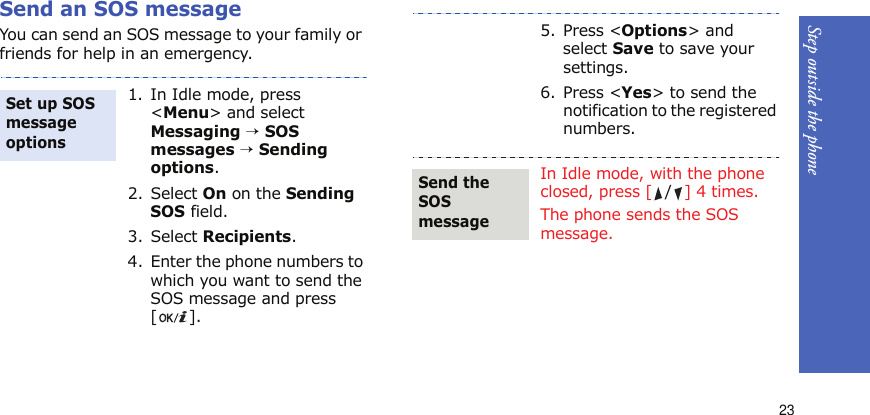 Step outside the phone23Send an SOS messageYou can send an SOS message to your family or friends for help in an emergency.1. In Idle mode, press &lt;Menu&gt; and select Messaging → SOS messages → Sending options.2. Select On on the Sending SOS field.3. Select Recipients.4. Enter the phone numbers to which you want to send the SOS message and press [].Set up SOS message options5. Press &lt;Options&gt; and select Save to save your settings.6. Press &lt;Yes&gt; to send the notification to the registered numbers. In Idle mode, with the phone closed, press [ /] 4 times.The phone sends the SOS message. Send the SOS message