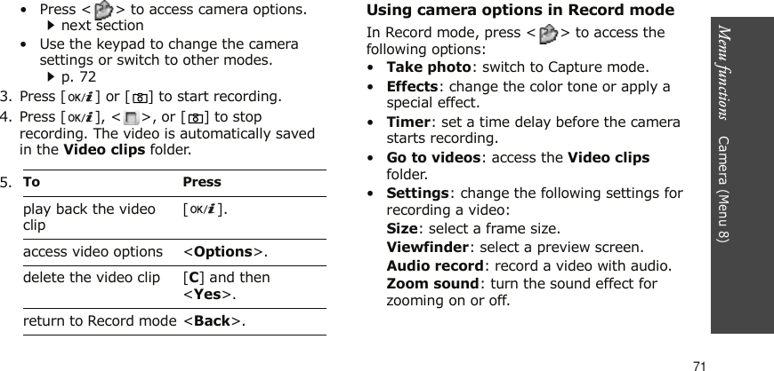 Menu functions    Camera (Menu 8)71• Press &lt; &gt; to access camera options.next section• Use the keypad to change the camera settings or switch to other modes.p. 723. Press [ ] or [ ] to start recording.4. Press [ ], &lt; &gt;, or [ ] to stop recording. The video is automatically saved in the Video clips folder.Using camera options in Record modeIn Record mode, press &lt; &gt; to access the following options:•Take photo: switch to Capture mode.•Effects: change the color tone or apply a special effect.•Timer: set a time delay before the camera starts recording.•Go to videos: access the Video clips folder.•Settings: change the following settings for recording a video:Size: select a frame size. Viewfinder: select a preview screen.Audio record: record a video with audio.Zoom sound: turn the sound effect for zooming on or off.5.To Pressplay back the video clip[].access video options &lt;Options&gt;.delete the video clip [C] and then &lt;Yes&gt;.return to Record mode &lt;Back&gt;.