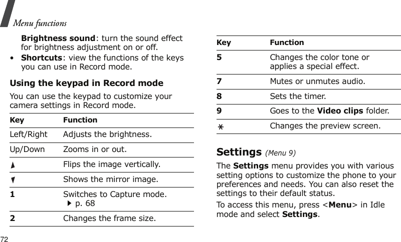 Menu functions72Brightness sound: turn the sound effect for brightness adjustment on or off.•Shortcuts: view the functions of the keys you can use in Record mode.Using the keypad in Record modeYou can use the keypad to customize your camera settings in Record mode.Settings (Menu 9)The Settings menu provides you with various setting options to customize the phone to your preferences and needs. You can also reset the settings to their default status.To access this menu, press &lt;Menu&gt; in Idle mode and select Settings.Key FunctionLeft/Right Adjusts the brightness.Up/Down Zooms in or out.Flips the image vertically.Shows the mirror image.1Switches to Capture mode.p. 682Changes the frame size.5Changes the color tone or applies a special effect.7Mutes or unmutes audio.8Sets the timer.9Goes to the Video clips folder.Changes the preview screen.Key Function