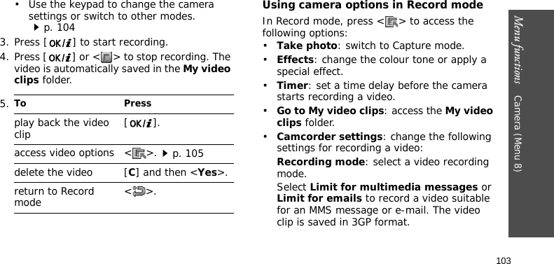 Menu functions    Camera (Menu 8)103• Use the keypad to change the camera settings or switch to other modes.p. 1043. Press [ ] to start recording.4. Press [ ] or &lt; &gt; to stop recording. The video is automatically saved in the My video clips folder.Using camera options in Record modeIn Record mode, press &lt; &gt; to access the following options:•Take photo: switch to Capture mode.•Effects: change the colour tone or apply a special effect.•Timer: set a time delay before the camera starts recording a video.•Go to My video clips: access the My video clips folder.•Camcorder settings: change the following settings for recording a video:Recording mode: select a video recording mode.Select Limit for multimedia messages or Limit for emails to record a video suitable for an MMS message or e-mail. The video clip is saved in 3GP format.5.To Pressplay back the video clip [].access video options &lt; &gt;.p. 105delete the video [C] and then &lt;Yes&gt;.return to Record mode &lt;&gt;.