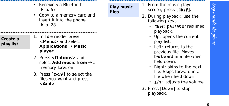 Step outside the phone19• Receive via Bluetoothp. 57• Copy to a memory card and insert it into the phonep. 281. In Idle mode, press &lt;Menu&gt; and select Applications → Music player.2. Press &lt;Options&gt; and select Add music from → a memory location.3. Press [ ] to select the files you want and press &lt;Add&gt;.Create a play list1. From the music player screen, press [ ].2. During playback, use the following keys:• : pauses or resumes playback.• Up: opens the current play list.• Left: returns to the previous file. Moves backward in a file when held down.• Right: skips to the next file. Skips forward in a file when held down.•/: adjusts the volume.3. Press [Down] to stop playback.Play music files